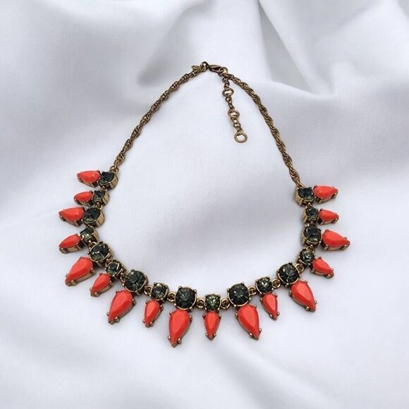 J. Crew Gold Tone Coral & Green Rhinestone Statement Necklace - Picture 1 of 5